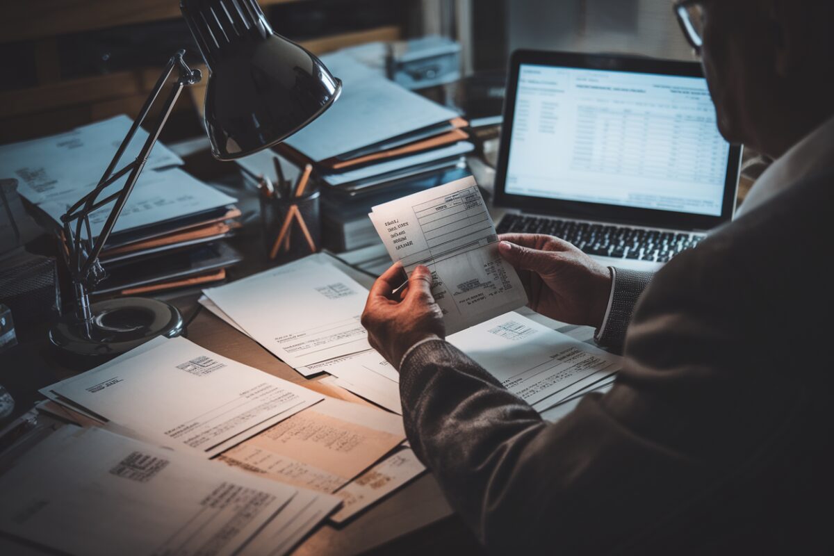 Contrôle fiscal nocturne dans un bureau d’entreprise, dossiers et factures ouverts