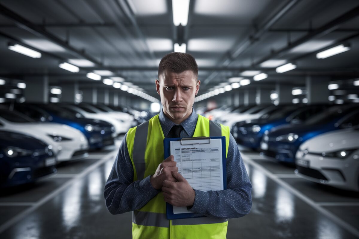 Gestionnaire de flotte inquiet dans un parking d’entreprise, voitures en arrière-plan